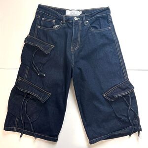 Refuge Dark Blue Denim Jean Cargo Shorts Size 00 Y2K Utility Pockets Gorpcore
